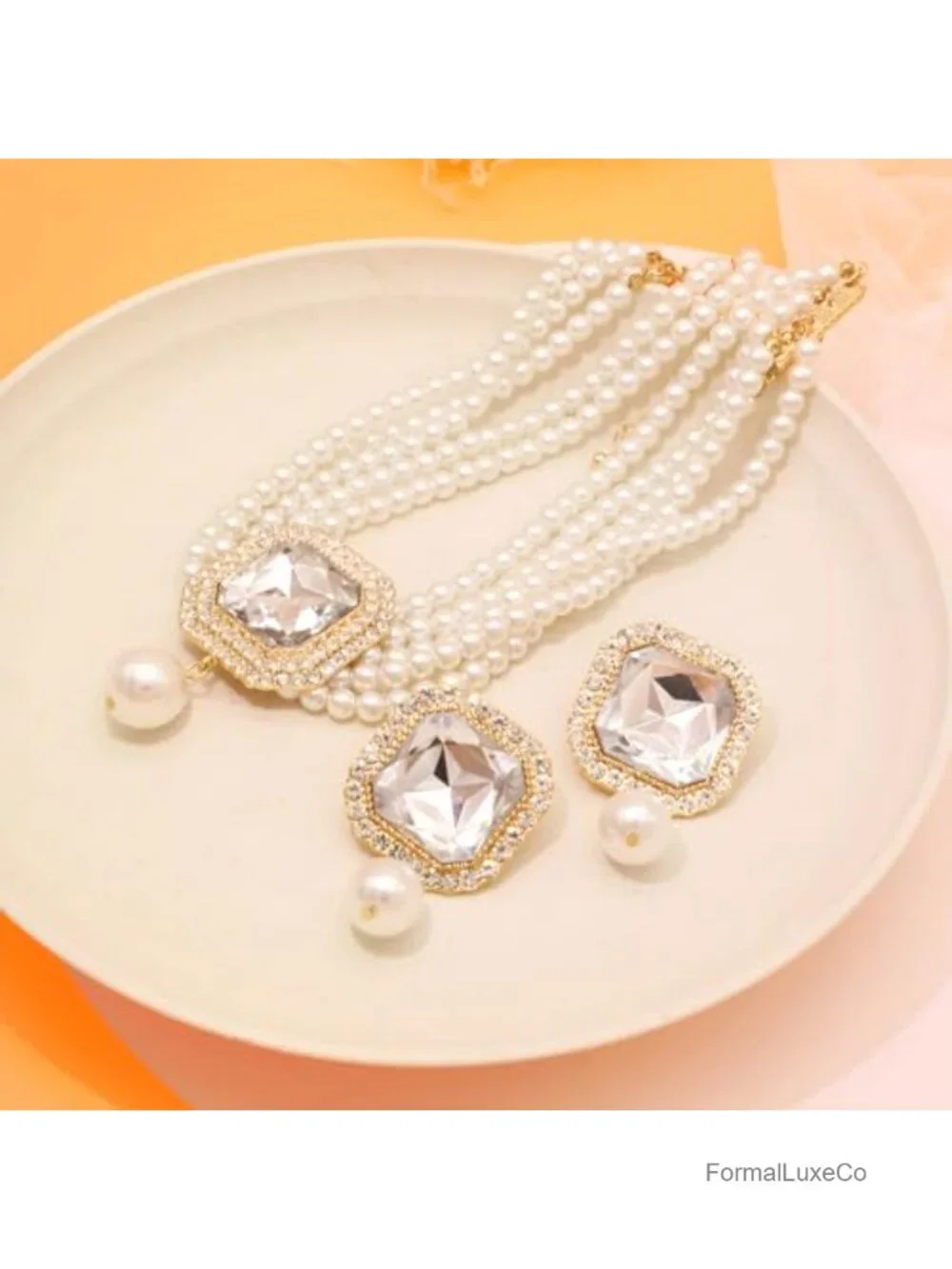 Pearl Choker Necklace & Earrings Set Bridal Rhinestone